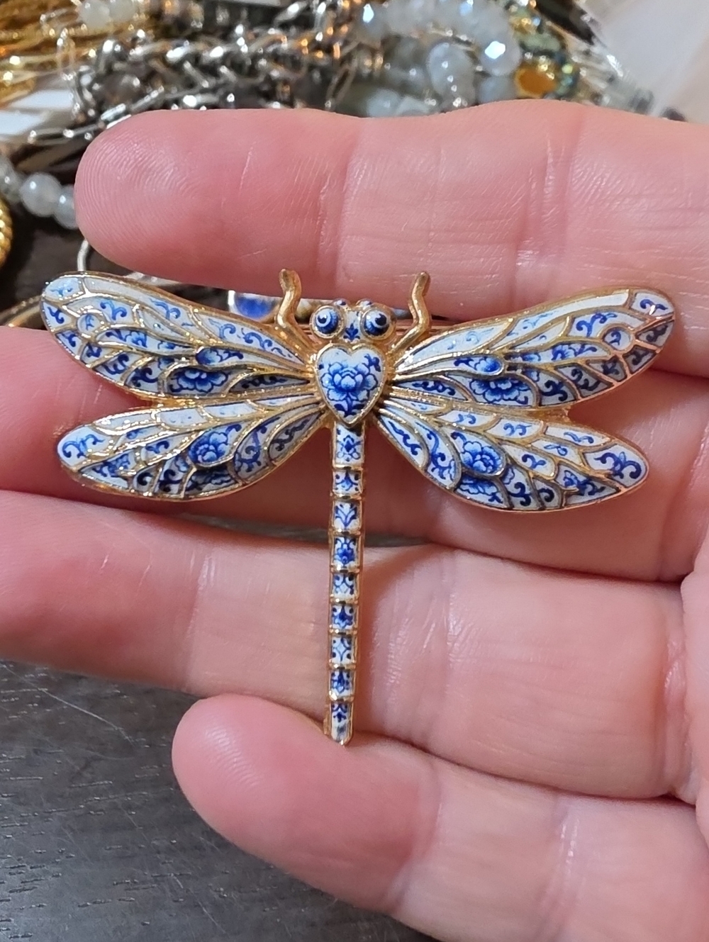 A178- Blue and White Enamel Dragonfly Brooch - Women's Jewelry